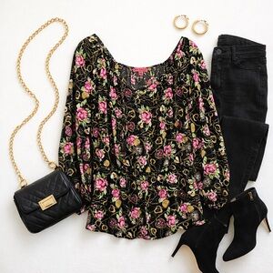 Betsey Johnson Black Floral Chain Print Peasant Blouse Size Large